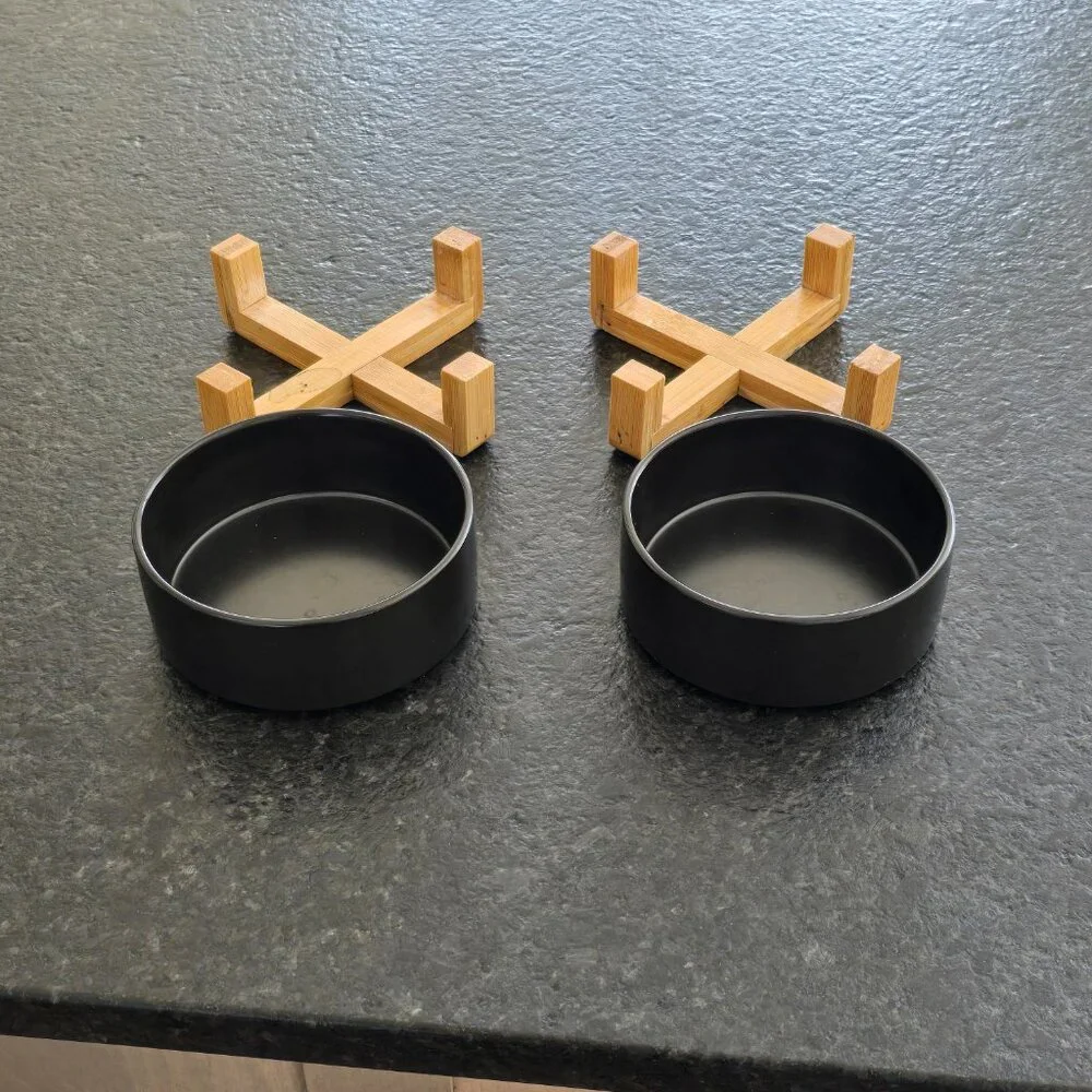 Ceramic Dog Bowls with Wooden Stand - Set of (2)